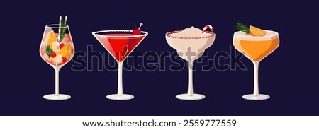 Set of winter cocktails. Vector illustration of festive drinks in different types of glasses. Banner with alcohol drinks like spritz and manhattan