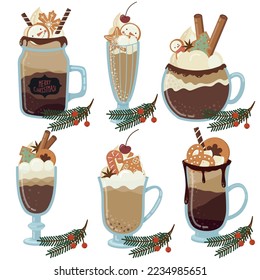 Set of winter coffee sweet drinks.
