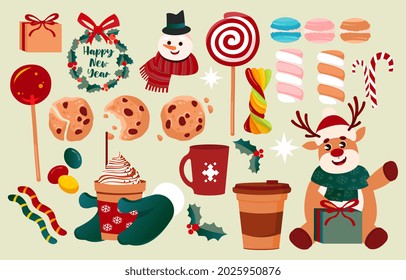 Set of winter coffee and sweets. Stickers with mug of hot drink, snowman, cookies, macaroon and deer. Design elements for poster and social network. Flat vector collection isolated on gray background