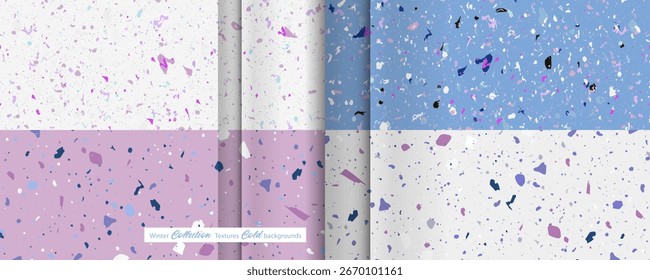 Set Winter collection seamless terrazzo patterns. Pattern for design new media paper print ceramics marble natural stone. Vector stock illustration textured