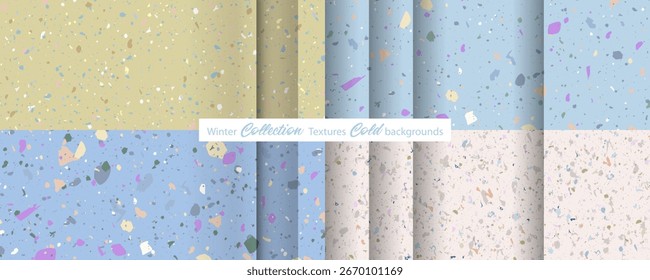 Set Winter collection seamless terrazzo patterns. Pattern for design new media paper print ceramics marble natural stone. Vector stock illustration textured