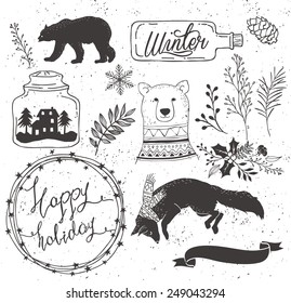 set of winter collection:bear,bottle,ribbon,fox,snowflake,leaf,flower,floral bouquet,house,bud,branch