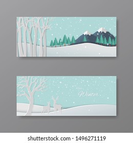 Set of winter collection,paper art deers in the forest with snowflakes on pastel blue background for greeting card,invitation,banner,poster,template,vector illustration