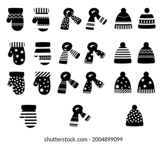 a set of winter colored hats, scarves and mittens with a pattern. vector isolated on a white background.