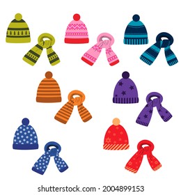 a set of winter colored scarves and hats with a pattern. vector isolated on a white background.