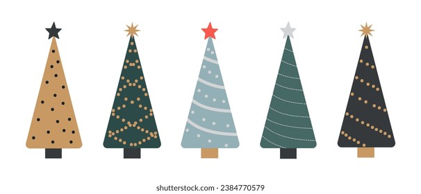 Set of winter colorful Christmas trees with decorations. Will do for printed leaflets, banners, scrapbooking, posters. Vector illustration