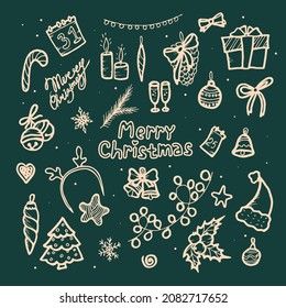 Conjunto de elementos de doodle de color invernal. Estilo dibujado a mano. Ilustración vectorial de material aislada en un fondo blanco. Elementos de Navidad.