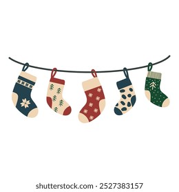 A set of winter cotton and wool socks with different patterns, patterns, colors and designs. Collection of cute winter shoes in the background. Colorful flat textured vector illustration.