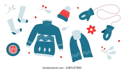 Set de ropa acogedora de invierno. Suéter, mitones, bufanda, sombrero, medias. Ilustración vectorial.