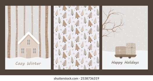 set of winter cozy house in frost, tree pattern and landscape. Holiday poster, Christmas greeting card, flyer, cover. Trendy dusty pastel colors. hand drawn vector illustration