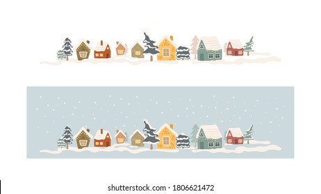 Set von Winter gemütlichen Häusern im flachen Stil. Abstrakte Weihnachtsbäume. Farbige Hüttensammlung auf weißem und blauem Hintergrund mit Schnee. Vektorgrafik. 