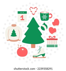 Set of winter and cozy objects. Christmas tree, decorations and gifts. Gloves and sweater. Candy cane in the form of a heart and a tangerine. Skate. Warm drink. Vector illustration