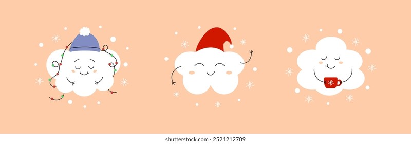 Set of winter cute clouds in Christmas hat, with garland and cup. Vector illustration