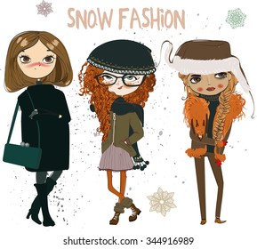 set with winter cute girls