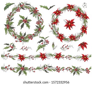 Set with winter decorations of branches, flowers and wreaths. hand-drawn Botanical doodling in a realistic style. The round seamless garland is decorated with seasonal elements. For greeting cards