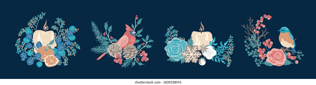 Set of winter decorative compositions. Christmas concept.