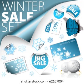 Set of winter discount tickets, labels, stamps, stickers, corners, tags (vector)