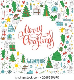 Set of winter doodle elements. Colorful hand-drawn objects with handwritten lettering on a white background. Merry Christmas and Happy New Year 2022. 