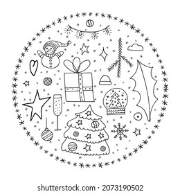 Set of winter doodle elements. Hand-drawn objects in the form of a circle on a white background. Merry Christmas and Happy New Year 2022. 