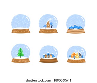 Set von Winterdoodle-Glas-Kugeln mit Häusern, Bergen, Bäumen und leer im skandinavischen Stil einzeln auf weißem Hintergrund.