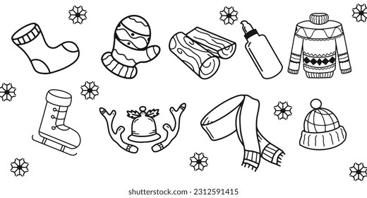 Set of winter doodle, vector isolated hand drawn elements