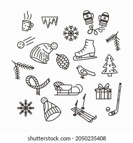 Set of winter doodles. Black and white illustration outline style. White isolated background.