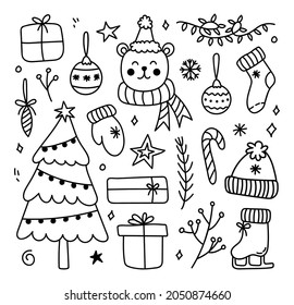 Set of winter doodles - a Christmas tree, a garland, gifts, Christmas balls, twigs, a warm hat, socks, mittens and a cute bear. Vector cartoon hand-drawn illustration. Perfect for holiday designs.