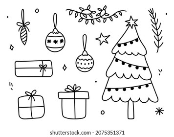 Set of winter doodles - a decorated Christmas tree, garlands, gifts, Christmas baubles and spruce branch. Vector cartoon hand-drawn illustration. Perfect for holiday designs, cards, invitations.