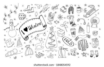 Reihe von Winterdoodles. Handgezeichnete Winterartikel. Winterelemente im gediegenen Stil. Winterdoodles-Kollektion.