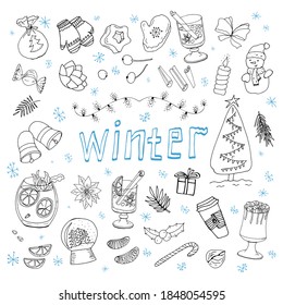 Set of winter doodles. Hand drawing styles winter items. Winter elements drawn in a doodled style. Winter doodles collection.