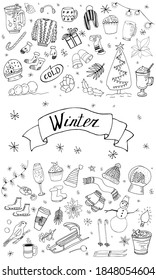 Set of winter doodles. Hand drawing styles winter items. Winter elements drawn in a doodled style. Winter doodles collection.