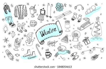 Set of winter doodles. Hand drawing styles winter items. Winter elements drawn in a doodled style. Winter doodles collection.