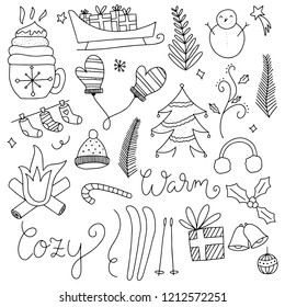 Set of winter doodles. Winter hand drawn elements isolated on white background. Christmas tree, snowman, socks, warm, cozy.