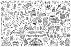 Set Of Winter Doodles With Lettering. Hand Drawn Vector Collection Of Isolated Elements, Objects And Icons.