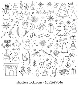 Reihe von Winterdoodles mit Schriften. Handgezeichnete Vektorgrafik von Einzelelementen, Objekten und Symbolen.