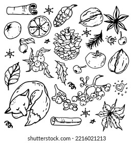 Set of winter doodles with lettering. Hand drawn vector collection of isolated elements, objects and icons.
