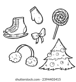 Set of winter doodles with lettering. Hand drawn vector collection of isolated elements, objects and icons.
