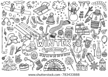 Set of winter doodles with lettering. Hand drawn vector collection of isolated elements, objects and icons.