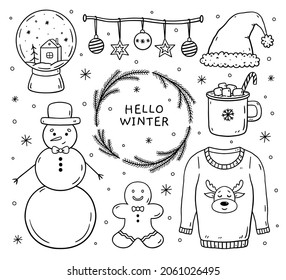 Set Of Winter Doodles - Snowman, Gingerbread Cookie, Ugly Sweater, Snow Globe, Santa Hat, Cup Of Cocoa And Christmas Balls. Vector Cartoon Hand-drawn Illustration. Perfect For Holiday Designs, Cards.