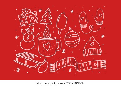 conjunto de garabatos de invierno. Hombre de nieve, vino a la parrilla, cordón, helado, regalo, árbol de Navidad, decoraciones, bufanda, sombrero, mitones. Conjunto de vectores. fondo rojo.
