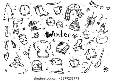 set of winter doodles, vector isolated hand drawn elements