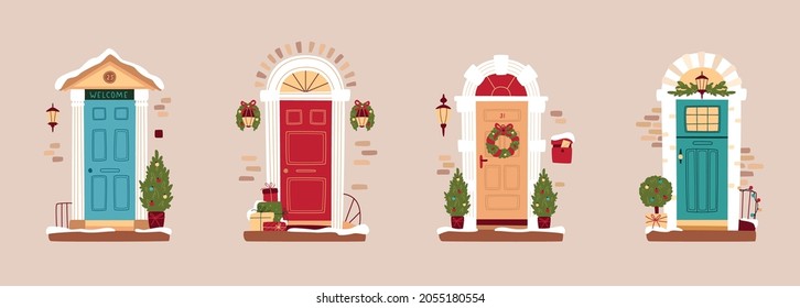 Set of winter doors decorated for Christmas. Traditional Christmas home decoration, Christmas wreath on the door in winter, lanterns and fir trees. Vector illustration