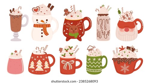 Set Winter of Drinks. Cups with Hot Beverage and Decoration for Wintertime Season Holidays. Mugs of Cocoa with Marshmallow, Coffee with Cream, Chocolate and Cinnamon. Cartoon Vector Illustration