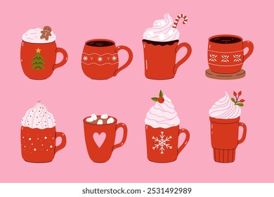 Set of winter drinks in red mugs. Vector graphics.