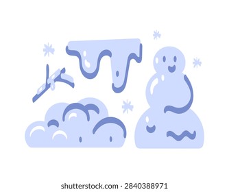 Set of winter element illustrations. Smiling little snowman, snow mound, melting snow, and snowy branches. Objects, symbols, design elements, flat style. Clipart or stickers on a white background.