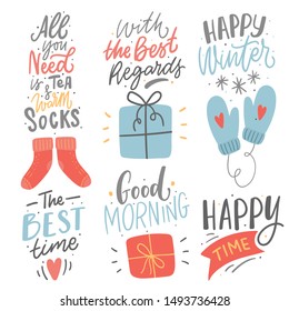 Set of winter element with lettering phrase for stickers, card, poster. Modern typography stickers with gifts.