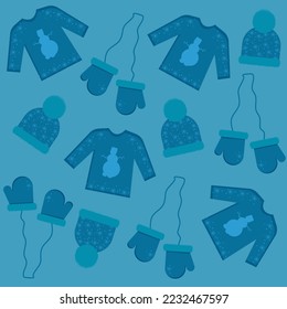 Fijado con elemento de invierno sobre fondo azul. Suéter, sombrero y mitones. Tarjeta con símbolo de invierno de estilo azul