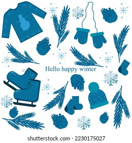 Set with winter element, Seamless pattern with sweater, hat, mittens, skates, socks, christmas tree branch, cone and snowflake, Card with blue style winter symbol and inscription hello happy winter