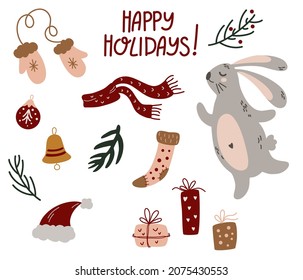 Conjunto de elementos de invierno. Conejo, Mittens, Sock, Scarf, Hat, Juguetes de árbol de Navidad, Twigs y Regalos. Felices Fiestas. Invierno acogedor. Ilustración del vector de dibujo a mano. 