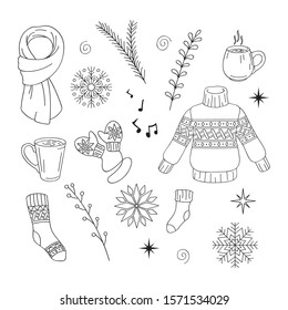 Set of winter elements. Christmas, New Year illustration. Vector sketch. Graphic drawing.